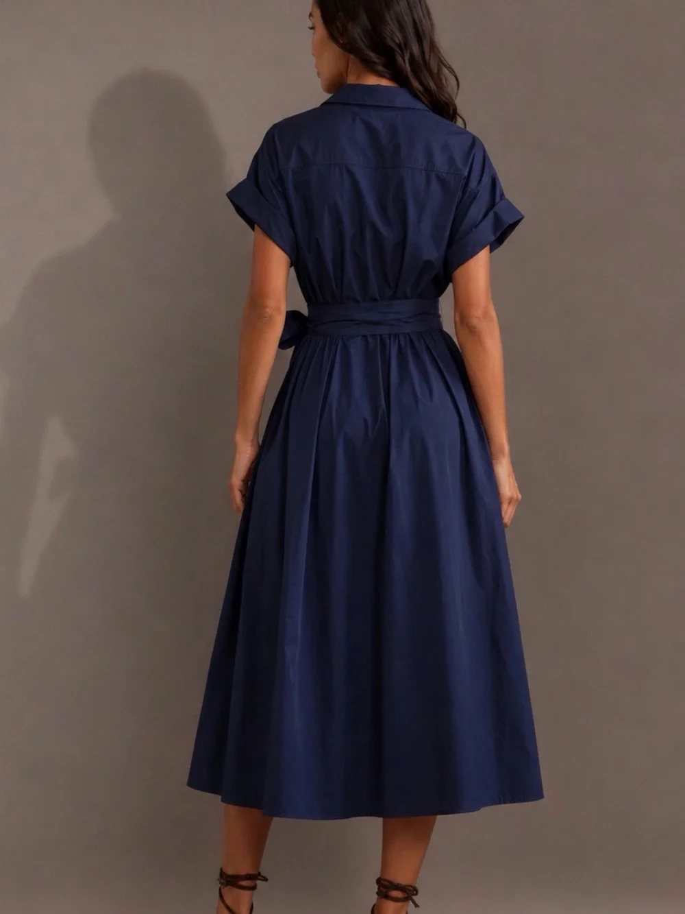 Anthropologie EN SAISON Avery Navy Belted Button Front Midi Dress XS - Picture 6 of 10